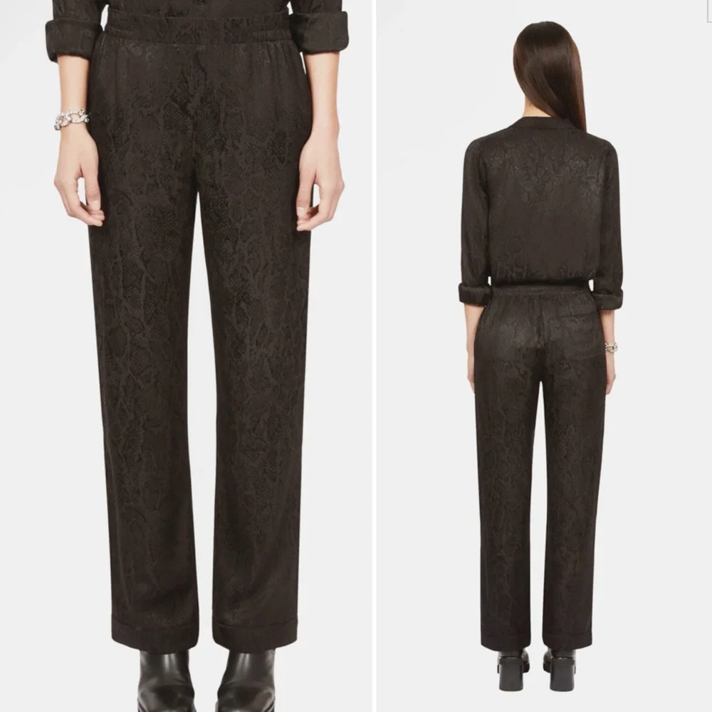 NWT The Kooples Jacquard Satin Snakeskin Black Drawstring Elastic Waist Pants